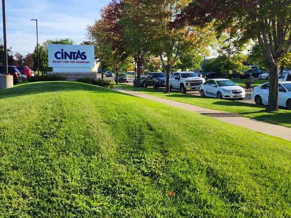 Commercial lawn care mowing at Cintas office property