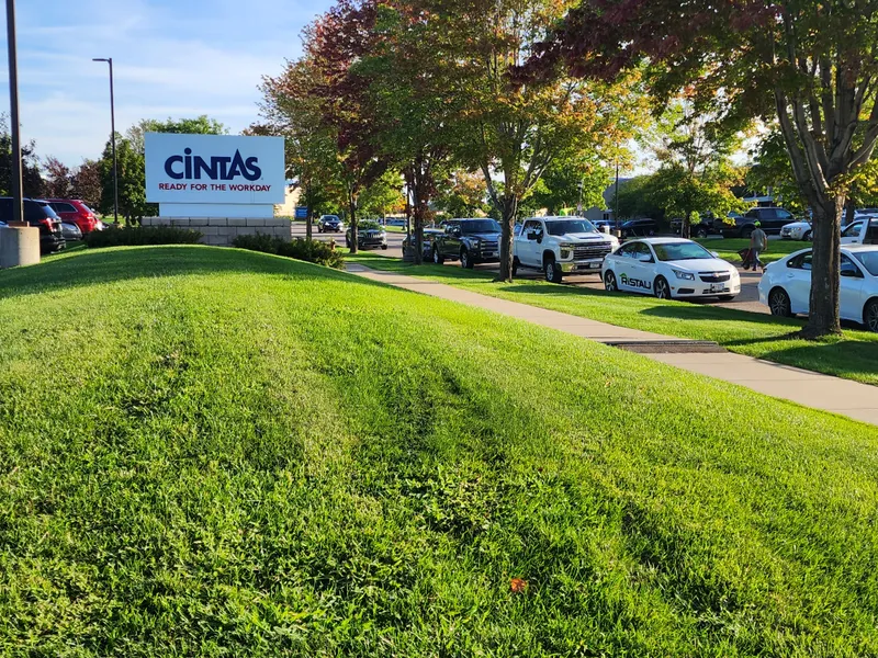 Manicured commercial property lawn at office park