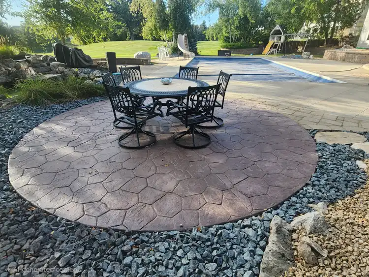 Completed paver patio with pool surround and backyard hardscape installation